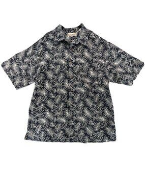Fieldmaster Button Shirt Mens Size L Floral Linen Blend Beach Resort Black Cream